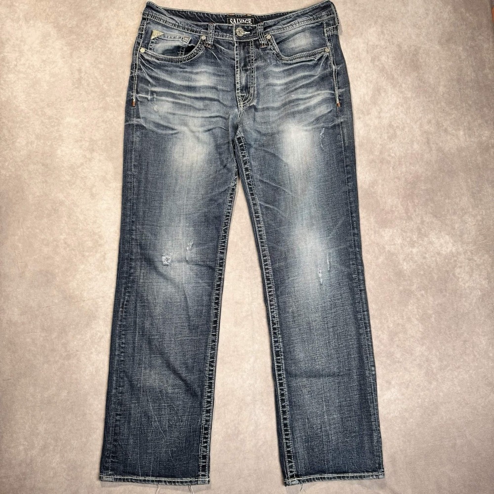 Salvage Supply Co Anarchy Relaxed Straight Jeans 34Rx31.5 Buckle Distressed